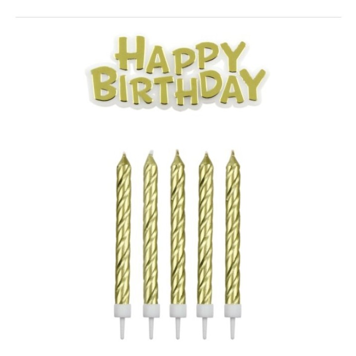 Set de velas y happy birthday doradas 17ud PME