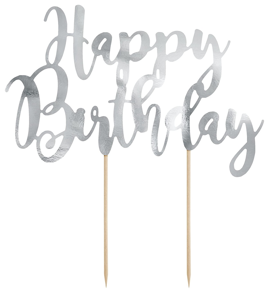 Topper Para Tarta Happy Birthday Plateado Partydeco