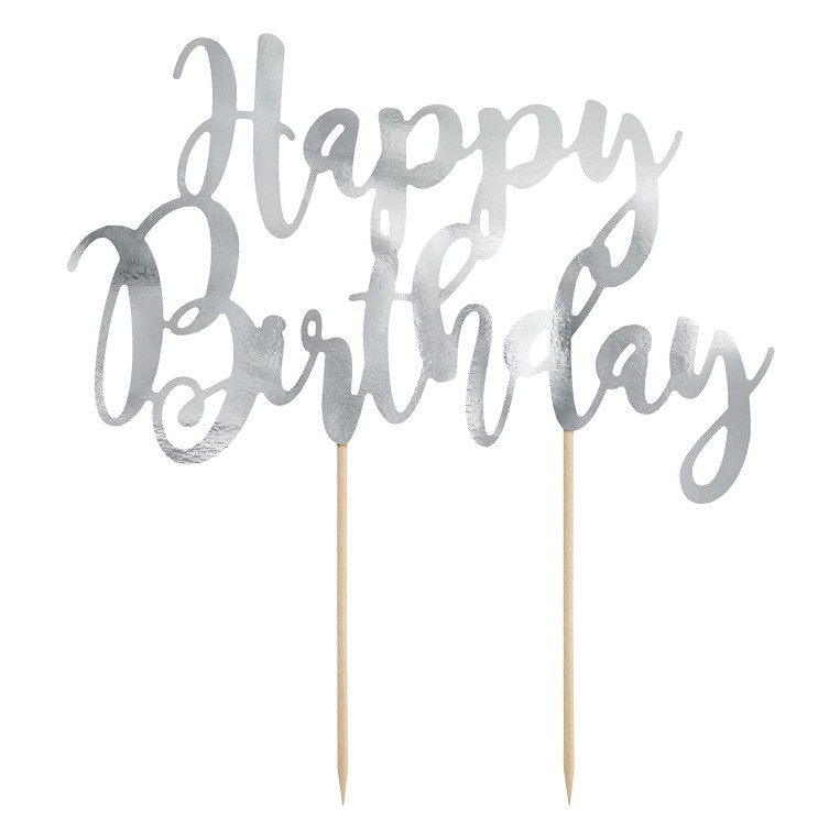Topper para tarta happy birthday plateado Partydeco
