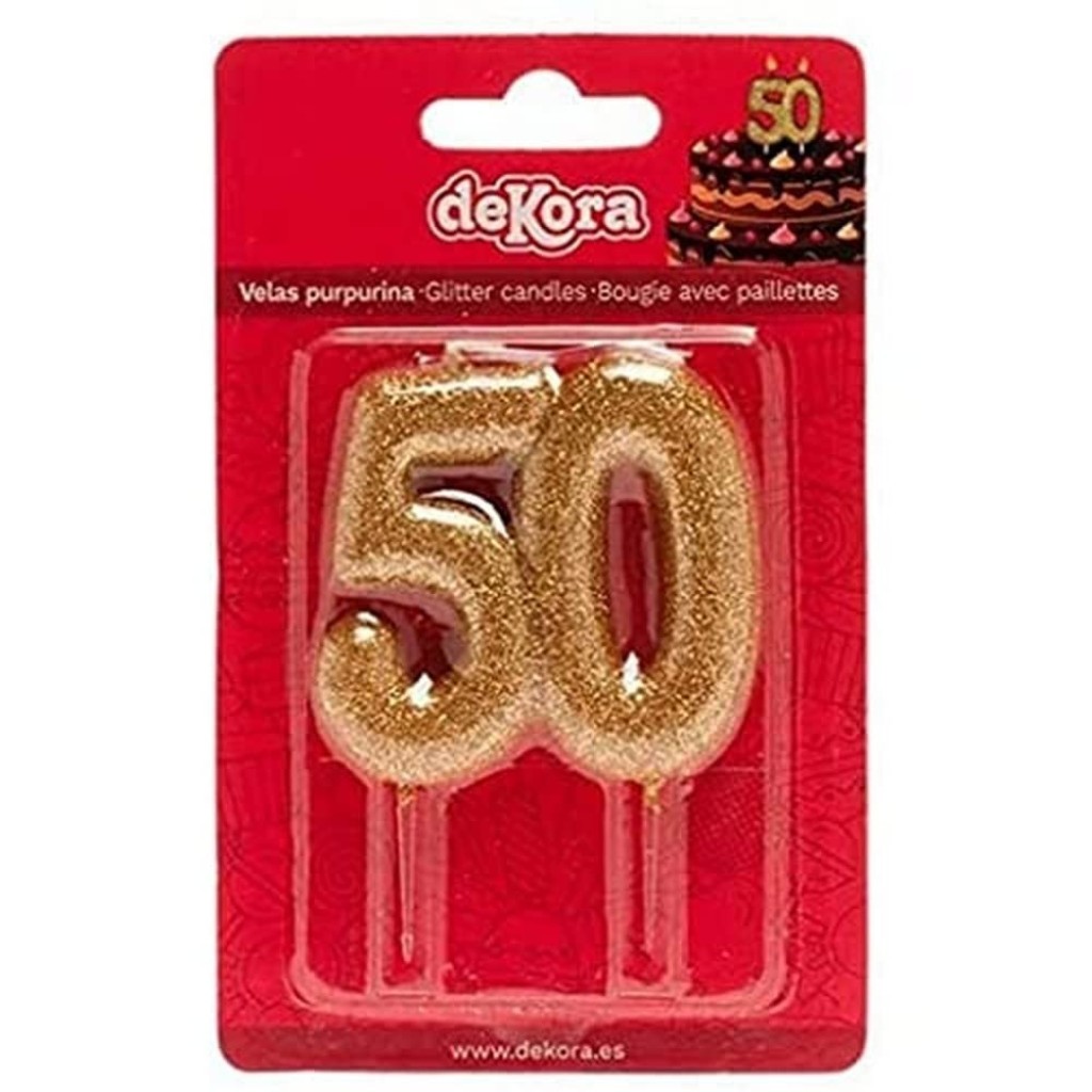 Vela 50 aniversario purpurina oro Dekora