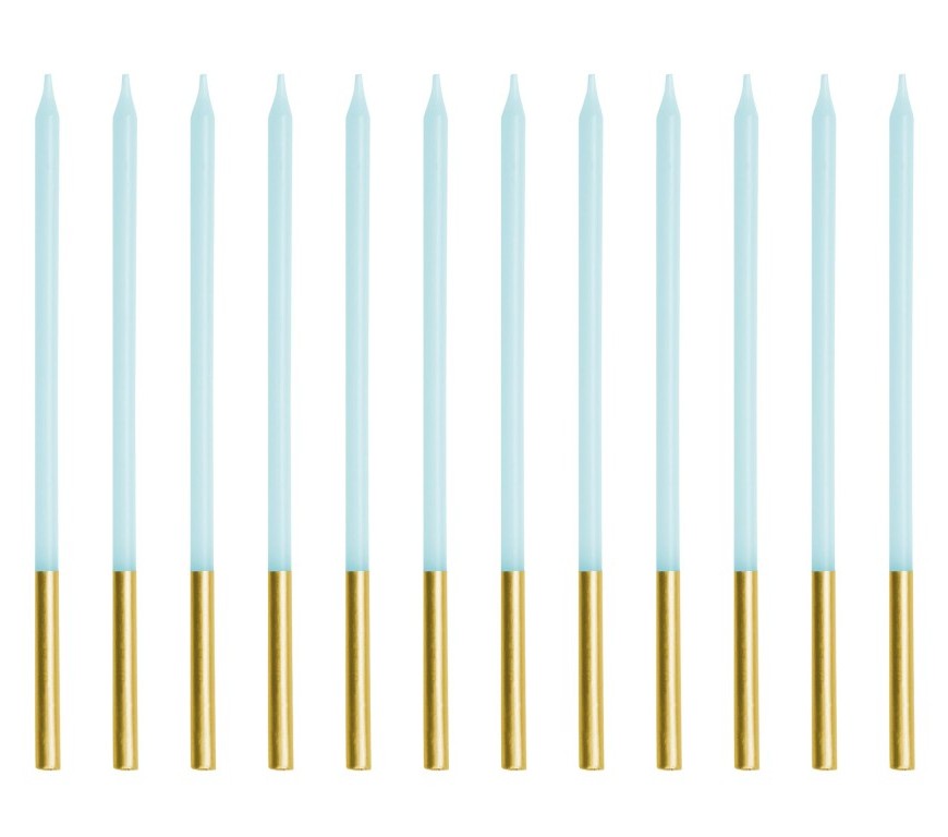Velas alargadas azul-oro 14cm, 12ud PartyDeco