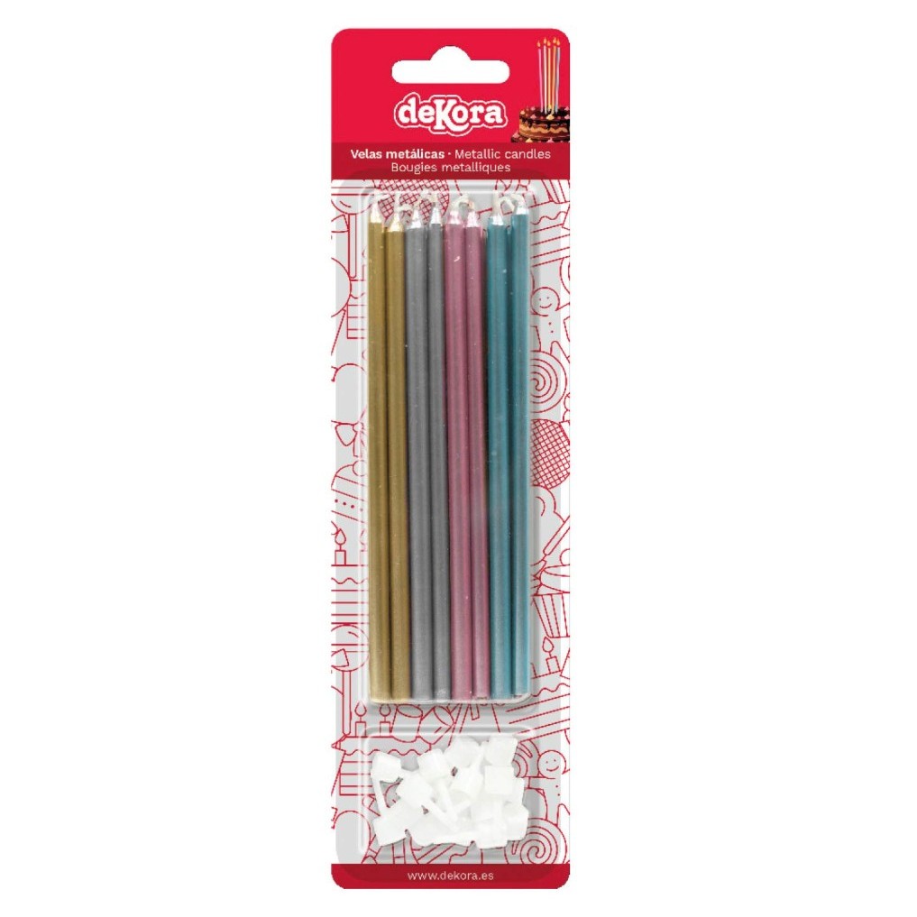 Velas alargadas metalizadas, mix oro, plata, rosa, azul, 13cm, 16ud Dekora