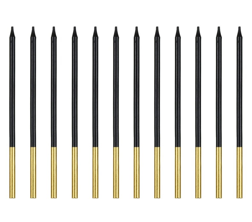 Velas alargadas negras-oro 14cm, 12ud PartyDeco