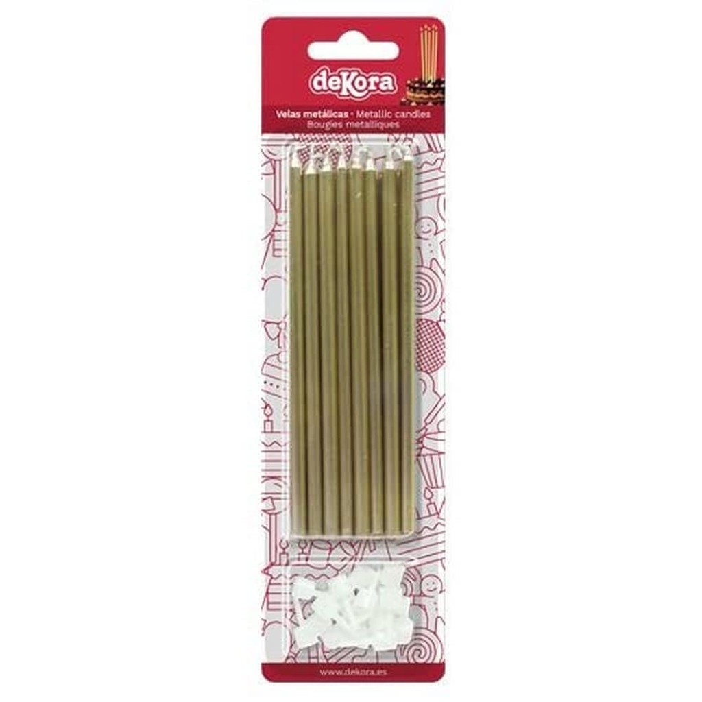 Velas alargadas oro metalizadas 13cm, 16ud Dekora