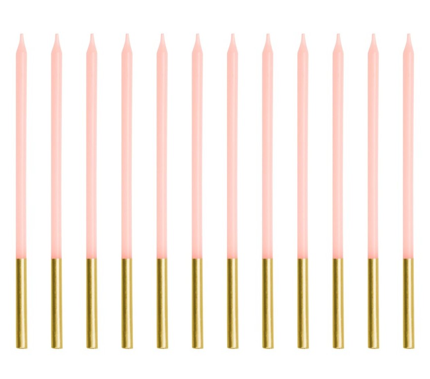 Velas alargadas rosa-oro 14cm, 12ud PartyDeco