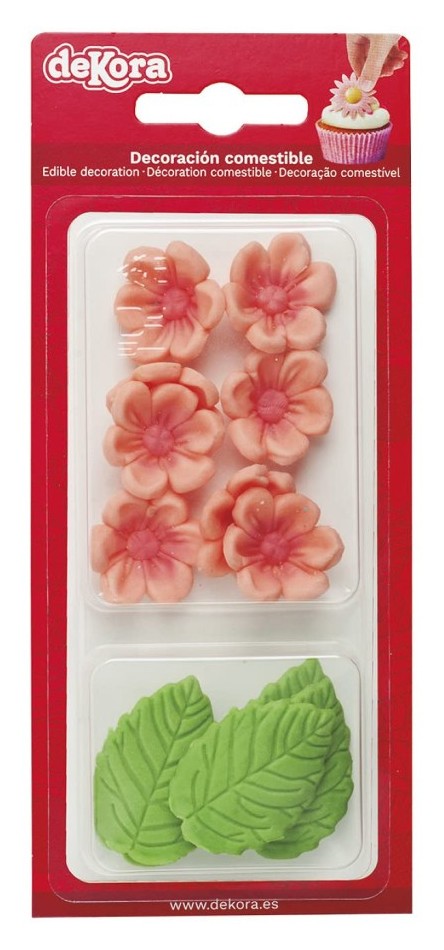 Flores rosas y hojas de azucar DEKORA