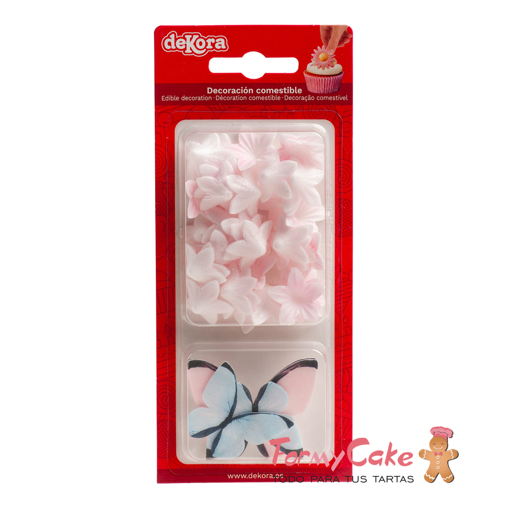 Flores campanilla rosas y mariposas de oblea DEKORA