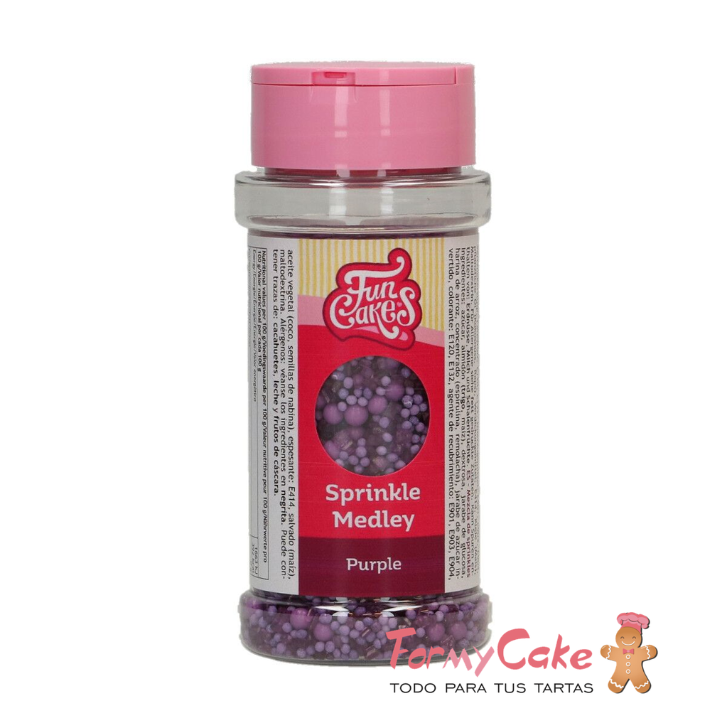 Decoración comestible sprinkle medley morado 70g FUNCAKES