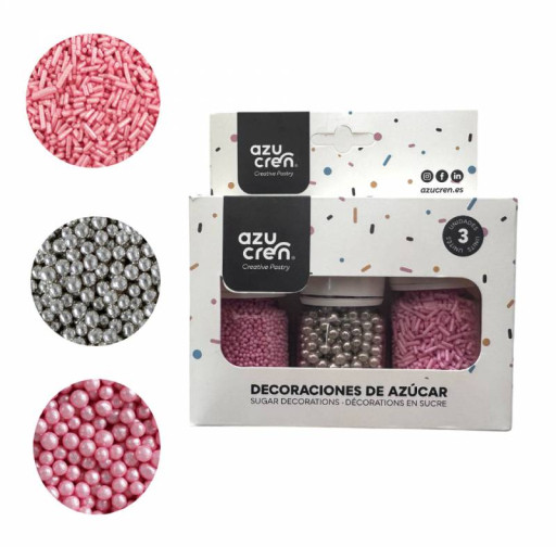 Set sprinkle fideos rosa/nonpareil rosa/perlas plata AZUCREN