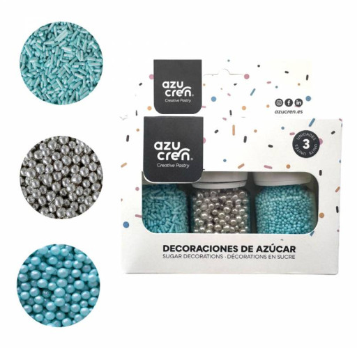 Set sprinkle fideos turquesa/nonpareil turquesa/perlas plata AZUCREN