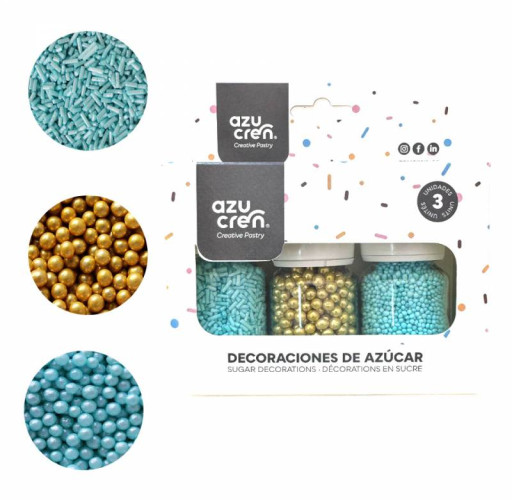 Set sprinkle fideos turquesa/nonpareil turquesa/perlas oro AZUCREN
