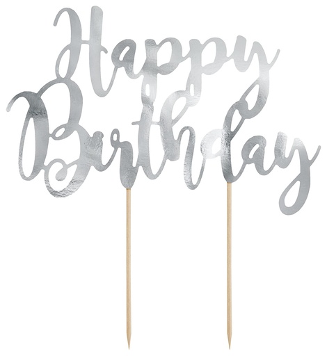 [KPT11-018M] Topper Para Tarta Happy Birthday Plateado Partydeco