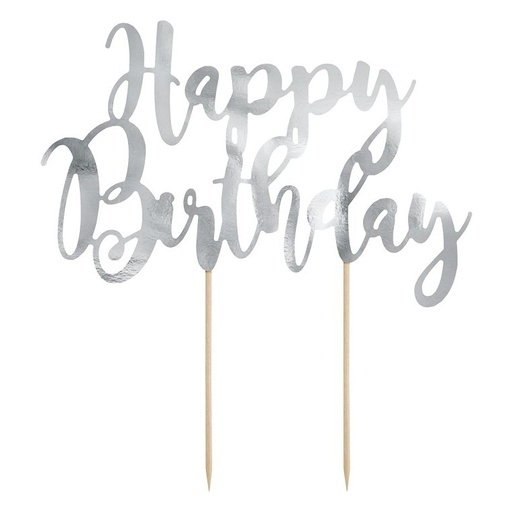 [KPT11-018M] Topper para tarta happy birthday plateado Partydeco