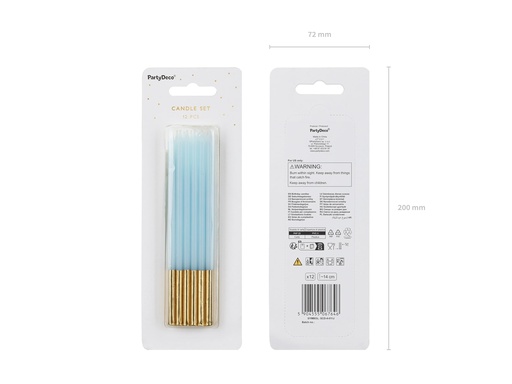 [DE26497] Velas Alargadas Azul-Oro 14cm, 12ud PartyDeco