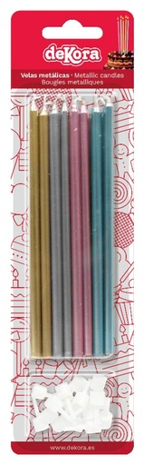 [345332] Velas Alargadas Metalizadas, Mix Oro, Plata, Rosa, Azul, 13cm, 16ud Dekora