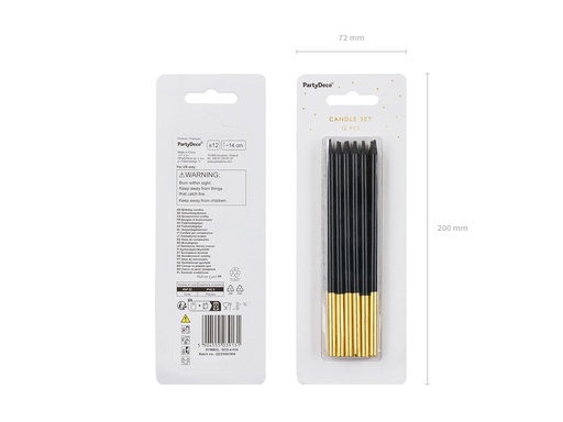 [DE26499] Velas Alargadas Negras-Oro 14cm, 12ud PartyDeco