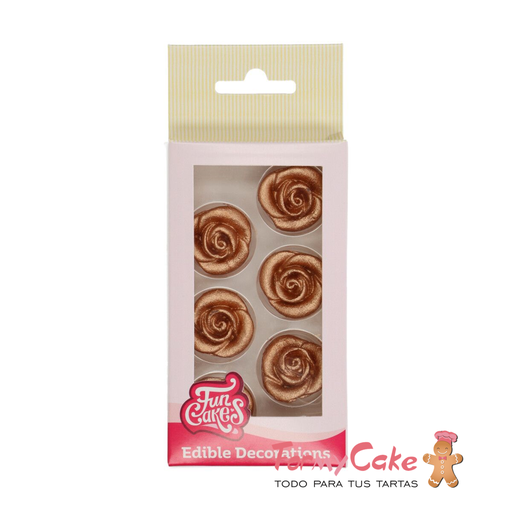 [F50550] Decoraciones de mazapán rosas color oro oscuro, 6ud. FUNCAKES