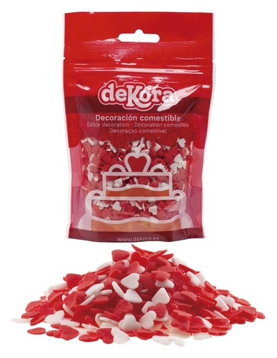 [434015] Corazones blancos y rojos de azucar 100g DEKORA