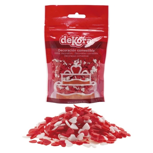 [434015] Corazones blancos y rojos de azucar 100g DEKORA