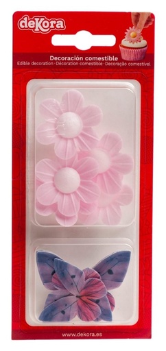 [166022] Flores rosas y mariposas de oblea DEKORA