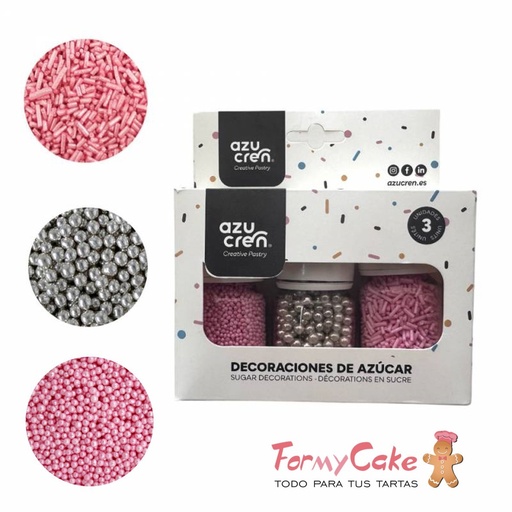[DE90105] Set sprinkle fideos rosa/nonpareil rosa/perlas plata AZUCREN