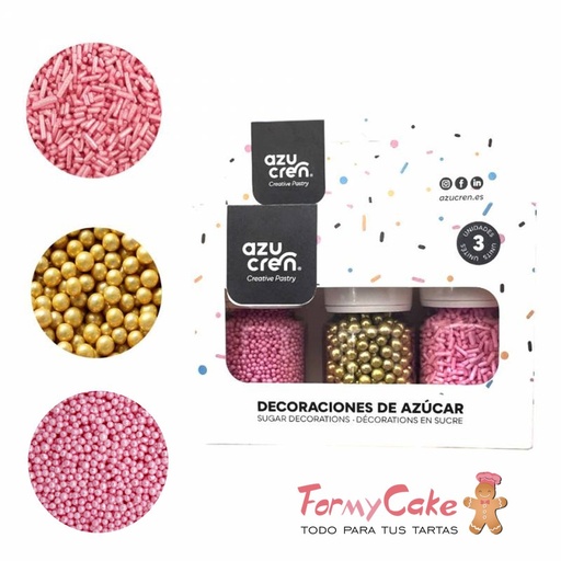 [DE90104] Set sprinkle fideos rosa/nonpareil rosa/perlas oro AZUCREN