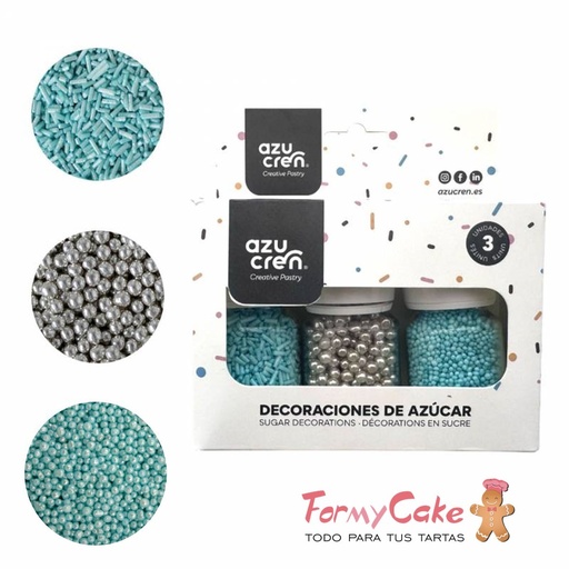 [DE90101] Set sprinkle fideos turquesa/nonpareil turquesa/perlas plata AZUCREN