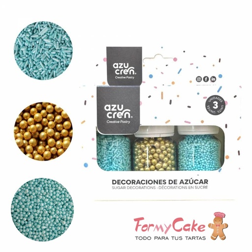 [DE90100] Set sprinkle fideos turquesa/nonpareil turquesa/perlas oro AZUCREN