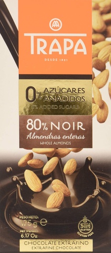 [023250] Tableta chocolate 0% azucares añadidos 80% noir con almendras 175gr TRAPA