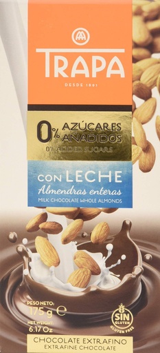 [023255] Tableta chocolate 0% azucares añadidos con leche y almendras 175gr TRAPA