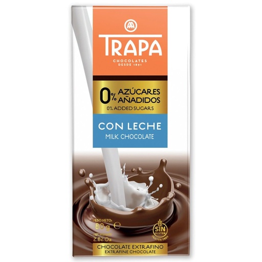 [023450] Tableta chocolate 0% azucares añadidos con leche 80gr TRAPA